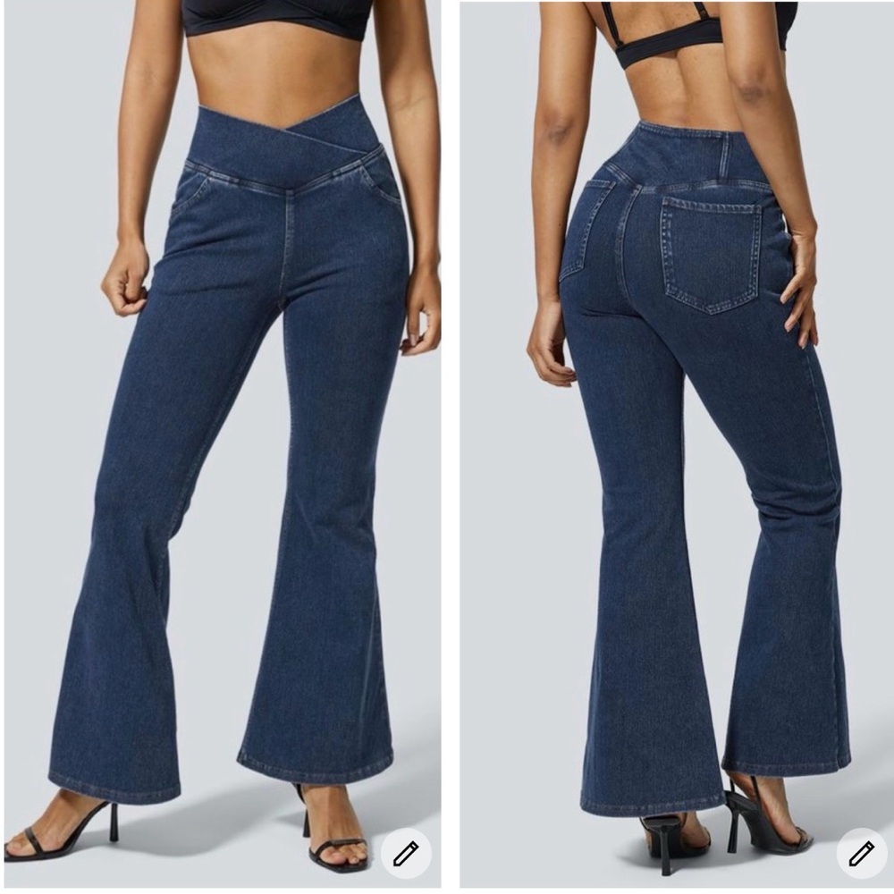Halara Flex High Waisted Crossover Pocket Washed Casual Jeans Size XS Flare Leg